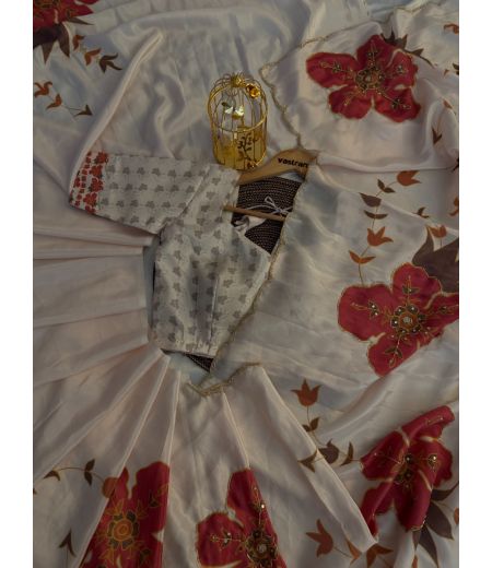 DB500 Beautiful Soft Satin Silk Digital Printed Handwork Celebrity Inspired Saree.(Blouse Unstitched)