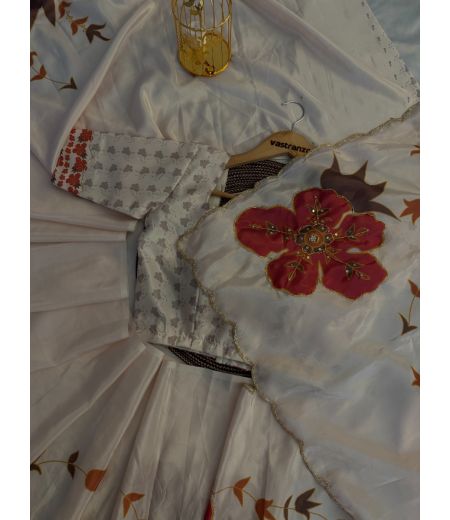 DB500 Beautiful Soft Satin Silk Digital Printed Handwork Celebrity Inspired Saree.(Blouse Unstitched)