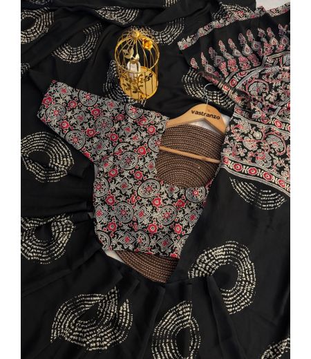 DB501 Beautiful Soft Satin Ajrakh Printed Celebrity Inspired Sarees.