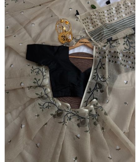 DB510 Beautiful Soft Linen Cotton Olive Green Color Handloom Printed Saree.(Blouse Unstitched)