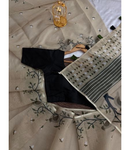 DB510 Beautiful Soft Linen Cotton Olive Green Color Handloom Printed Saree.(Blouse Unstitched)