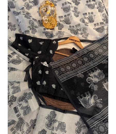 DB583 Beautiful Soft Linen Kalamkari Printed Celebrity Inspired Saree.(Blouse Unstitched)