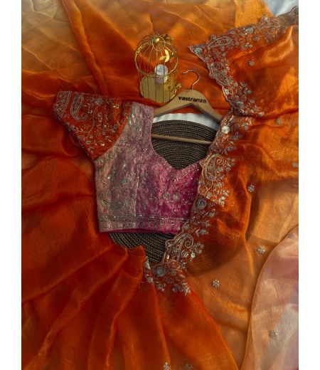 DB546 Beautiful Soft Sattin Space Padding Silk Sequence Emboridary Work Celebrity Inspired Sarees.(Blouse Unstitched)