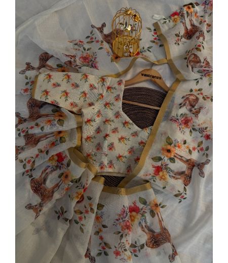 DB548 Soft Cotton Linen Elegant Printed Summer Saree.(Blouse Unstitched)