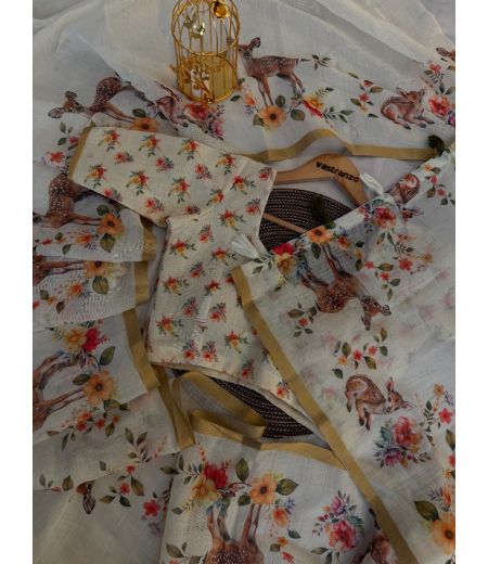 DB548 Soft Cotton Linen Elegant Printed Summer Saree.(Blouse Unstitched)