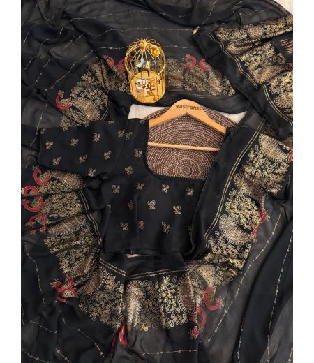 DB96 Beautiful Soft Bamber Viscose Georgette Black Colour Celebrity Inspired Saree.(UNSTITCHED BLOUSE)