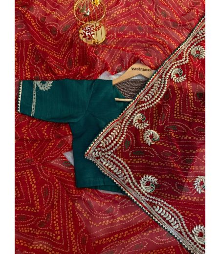 DB93 Beautiful Soft Georgette Bandhani Printed Embroidery Work Saree.(Blouse Unstitched)