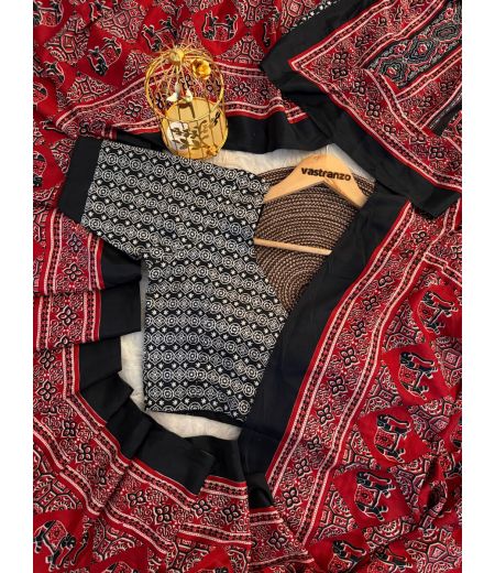 DB47 Beautiful Soft Satin Crape Silk Ajrakh Printed Celebrity Inspired Saree.