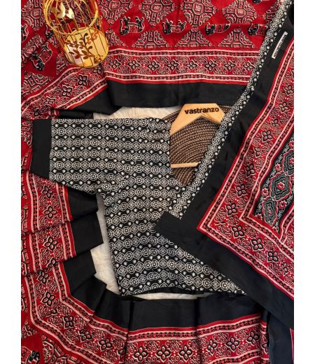 DB47 Beautiful Soft Satin Crape Silk Ajrakh Printed Celebrity Inspired Saree.