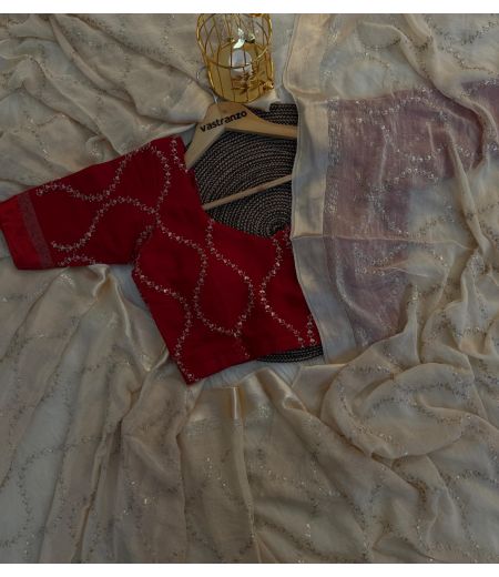 DB08 Beautiful Soft Viscose Sartin Border Jaal Work Celebrity Inspired Saree.(Blouse Unstitched)