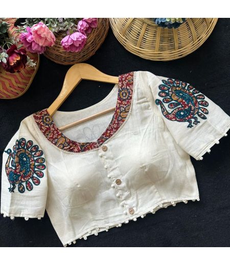 DB136 Pure Camric Cotton Diable Apllic Blouse.