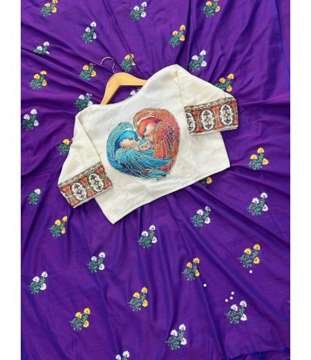 DB149 Cotton saree With Heavy Flower Embrodiary And Beautiful Heavy Cotton Blouse.