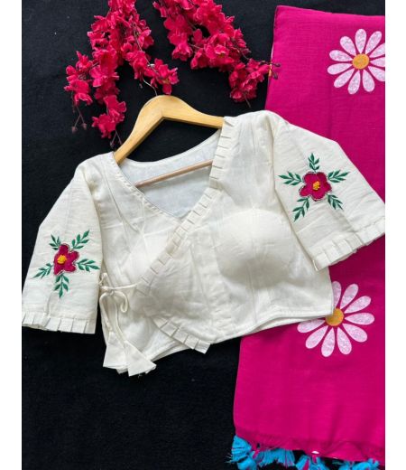 DB153 Cotton saree With Heavy Flower Print And Beautiful Heavy Cotton Blouse.