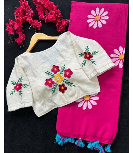 DB153 Cotton saree With Heavy Flower Print And Beautiful Heavy Cotton Blouse.