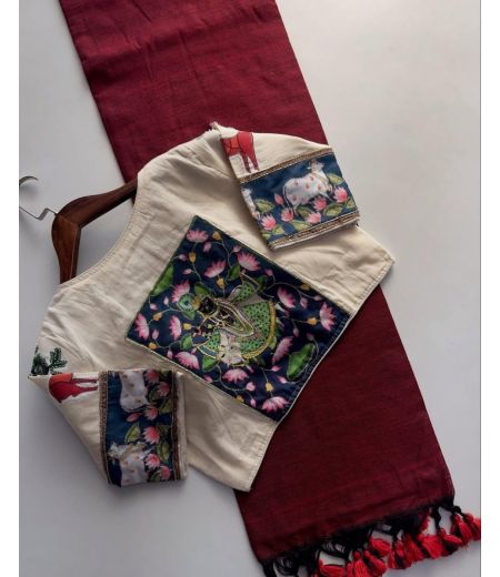 DB154 Cotton saree And Beautiful Heavy Cotton Apllic Blouse.