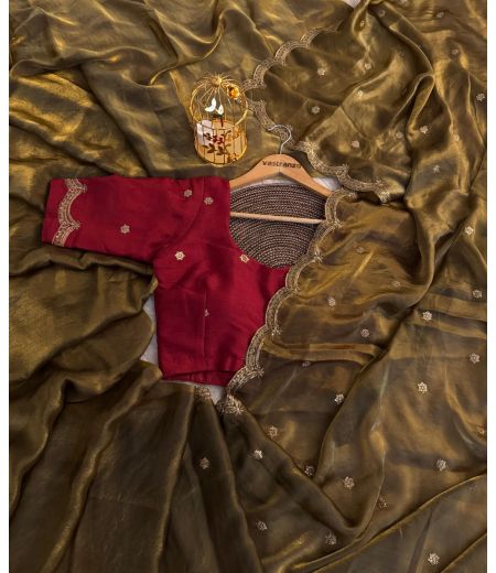 DB107 Beautiful Soft Space Silk Embroidery Thread Work Celebrity Inspired Sarees.(Blouse Unstitched) 