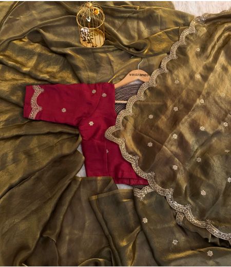 DB107 Beautiful Soft Space Silk Embroidery Thread Work Celebrity Inspired Sarees.(Blouse Unstitched) 