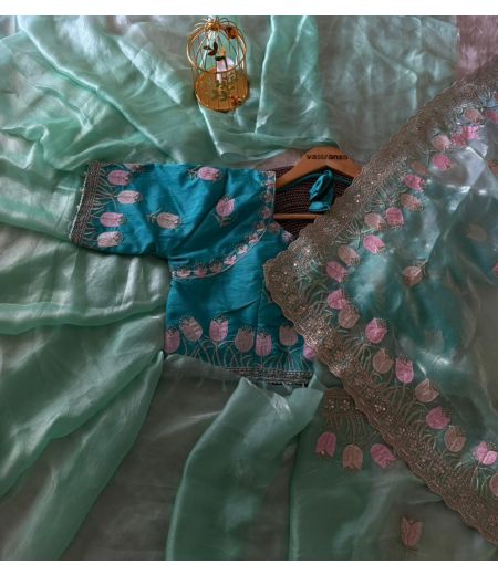 DB164 Beautiful Soft Satin Silk Padding Embroidery Jarkhan Work Sarees with Designer Stitched Blouse.