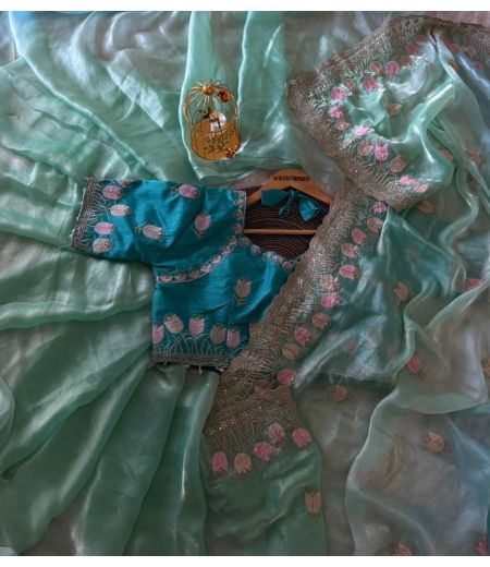 DB164 Beautiful Soft Satin Silk Padding Embroidery Jarkhan Work Sarees with Designer Stitched Blouse.