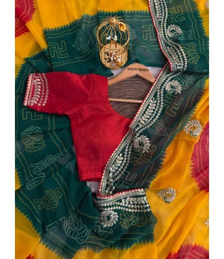 DB193 Beautiful Soft Georgette Bandhani Printed Embroidery Work Celebrity Inspired Sarees.