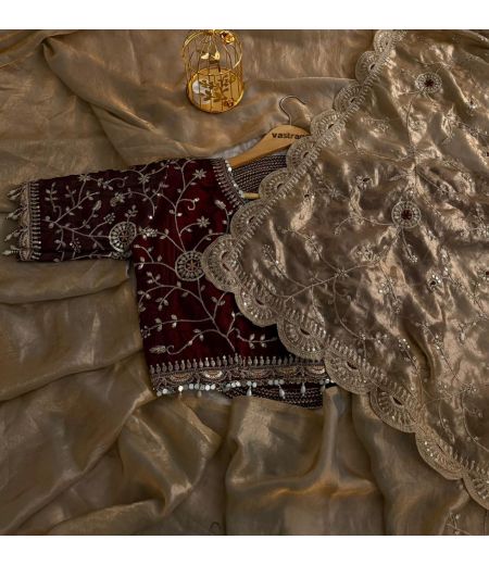 DB194 Beautiful Soft Space Silk Embroidery Work Celebrity Inspired Sarees with Designer Stitched Blouse.