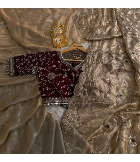 DB194 Beautiful Soft Space Silk Embroidery Work Celebrity Inspired Sarees with Designer Stitched Blouse.