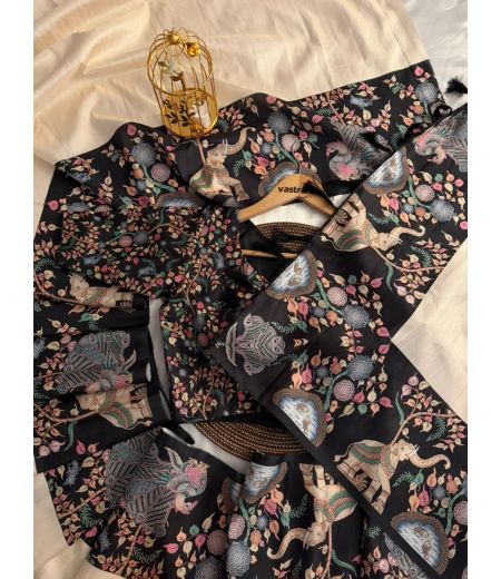 DB75 Soft Handloom Tussar Silk Kalamkari Printed Celebrity Inspired Saree.(Blouse Unstitched)