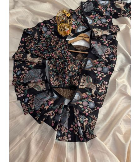 DB75 Soft Handloom Tussar Silk Kalamkari Printed Celebrity Inspired Saree.(Blouse Unstitched)