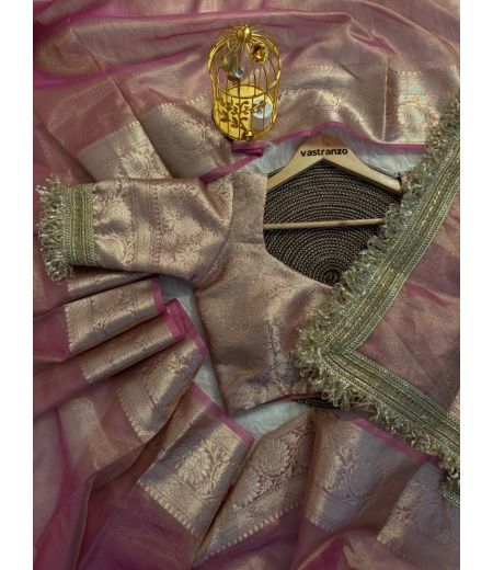DB270 Beautiful Soft Banarasi Tissue Silk Zari Weaving Celebrity Inspired Saree with Designer Lace Border.(Blouse Unstitched)