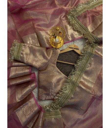 DB270 Beautiful Soft Banarasi Tissue Silk Zari Weaving Celebrity Inspired Saree with Designer Lace Border.(Blouse Unstitched)