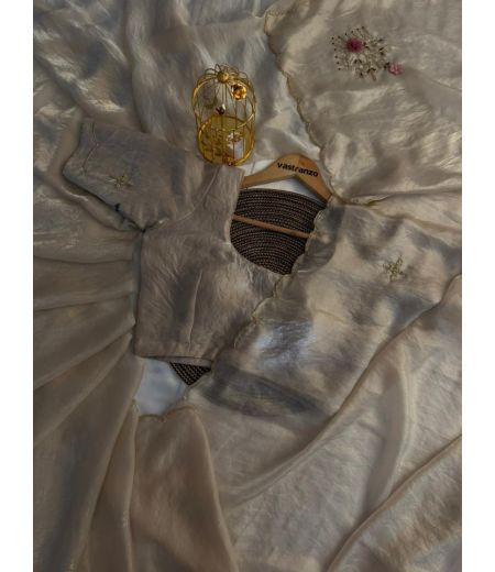 DB272 Beautiful Soft Satin Handwork Celebrity Inspired Saree.(Blouse Unstitched)