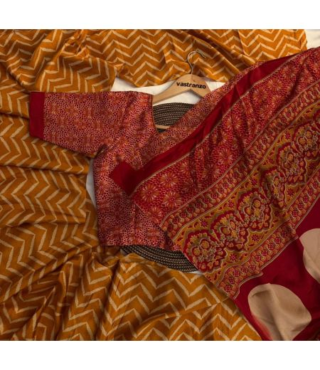 DB63 Beautiful Soft Crape Silk Ajrakh Printed Celebrity Inspired Sarees. (Blouse Unstitched)