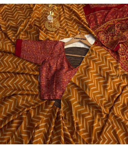 DB63 Beautiful Soft Crape Silk Ajrakh Printed Celebrity Inspired Sarees. (Blouse Unstitched)