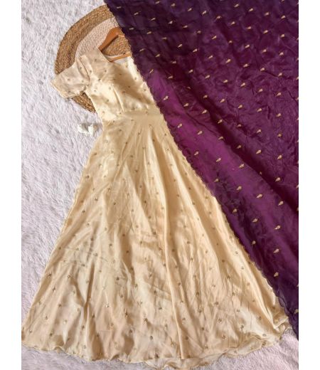 DB417 Beautiful Soft Chinon Silk Embroidery Work Designer Gown Duppta Sets.