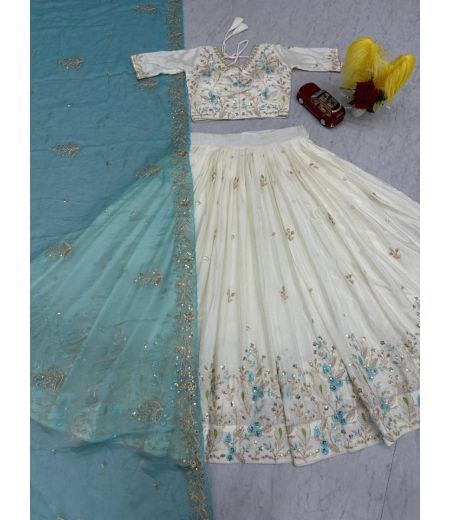 DB423 Beautiful Soft Chinon Sequence Emorodairy Thread Work Designer Lehenga Sets.