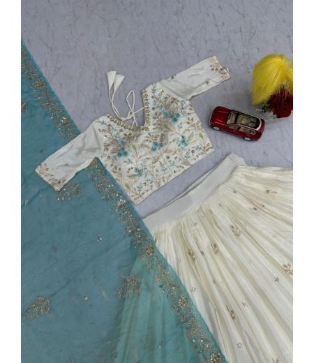 DB423 Beautiful Soft Chinon Sequence Emorodairy Thread Work Designer Lehenga Sets.