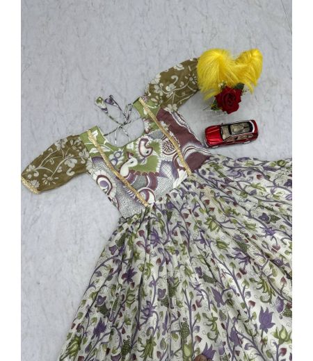 DB444 Beautiful Soft Kota Chex Kamalkari Printed Designer Gown.