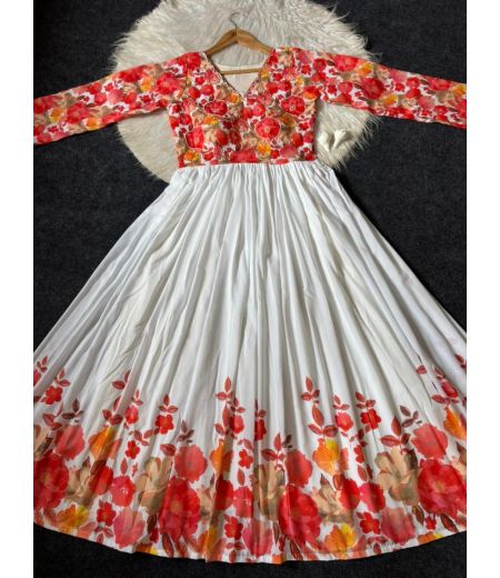 DB456 Beautiful Soft Maslin Silk Floral Printed Handwork Designer Gown.