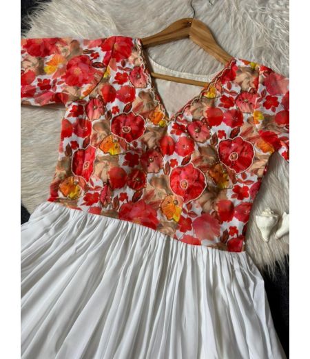 DB456 Beautiful Soft Maslin Silk Floral Printed Handwork Designer Gown.