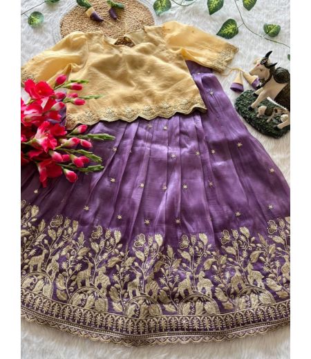 DB471 Soft Golden Crush Embroidery Work Kids Lehenga.