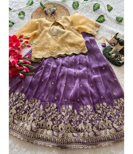 DB471 Soft Golden Crush Embroidery Work Kids Lehenga.