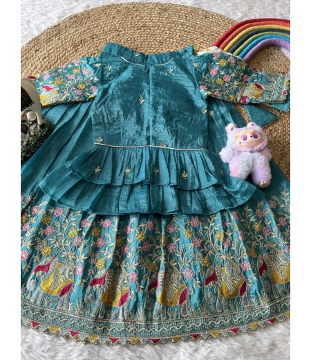 DB472 Soft Gold Crush Elephant Embroidery Work Kids Lehenga Sets