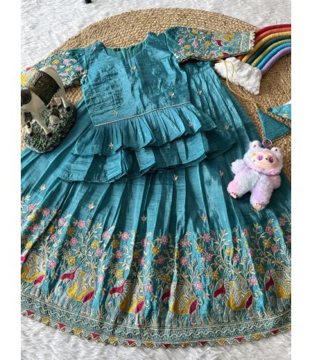 DB472 Soft Gold Crush Elephant Embroidery Work Kids Lehenga Sets