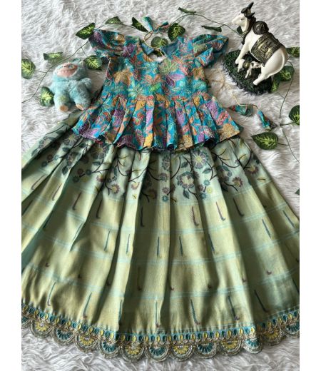 DB473 Soft Tissue Embroidery Handwork Designer Kids Lehenga Sets.