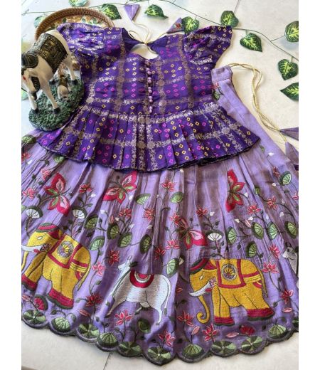 DB477 Soft Viscose Tissue Silk Embroidery Work Designer Kids Lehenga Sets.