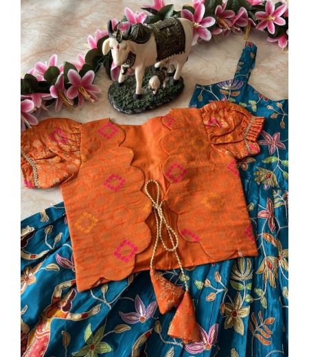 DB479 Viscose Crape Silk Kalamkari Kids Lehenga Sets.