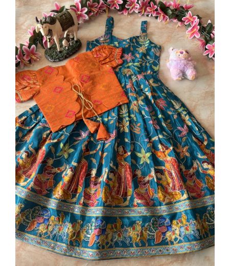 DB479 Viscose Crape Silk Kalamkari Kids Lehenga Sets.