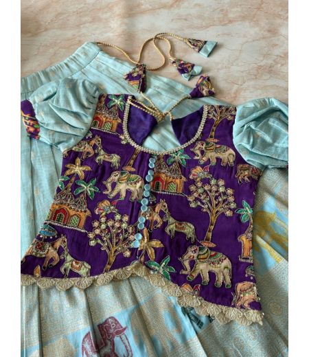 DB481 Viscose Crape Silk Kalamkari Kids Lehenga Sets.