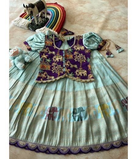DB481 Viscose Crape Silk Kalamkari Kids Lehenga Sets.