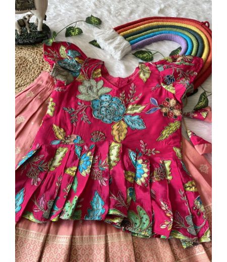 DB482 Viscose Crape Silk Kalamkari Kids Lehenga Sets.